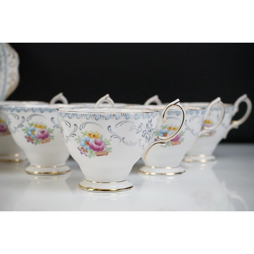 19 - Royal Albert ' Domask ' pattern tea set, blue trio pattern no. 2693, Malvern shape, comprising 6 tea... 