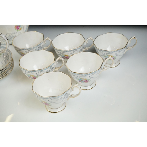 19 - Royal Albert ' Domask ' pattern tea set, blue trio pattern no. 2693, Malvern shape, comprising 6 tea... 