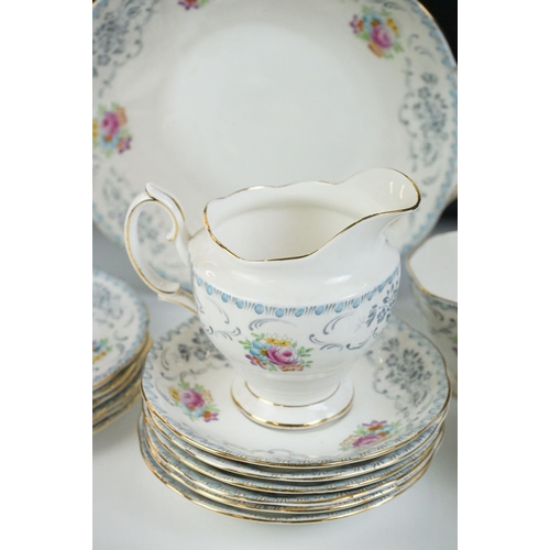 19 - Royal Albert ' Domask ' pattern tea set, blue trio pattern no. 2693, Malvern shape, comprising 6 tea... 