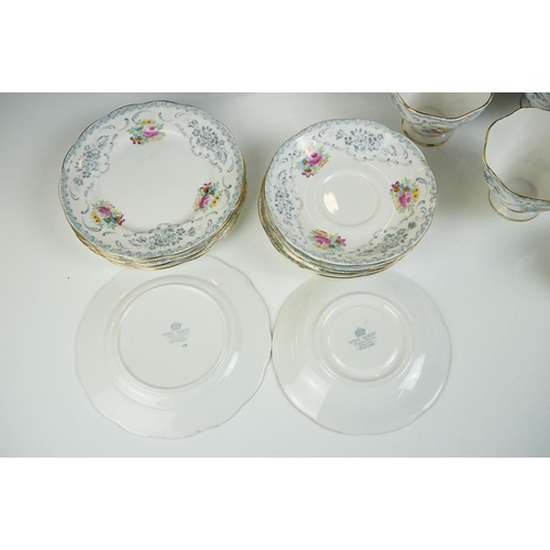 19 - Royal Albert ' Domask ' pattern tea set, blue trio pattern no. 2693, Malvern shape, comprising 6 tea... 