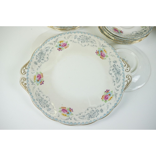 19 - Royal Albert ' Domask ' pattern tea set, blue trio pattern no. 2693, Malvern shape, comprising 6 tea... 