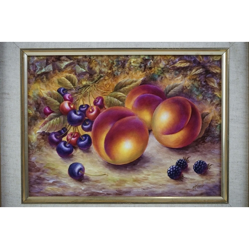 21 - Royal Worcester Artist Nigel Creed hand-painted rectangular plaque of still life peaches, cherries a... 