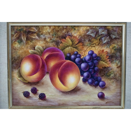 23 - Royal Worcester Artist Nigel Creed hand-painted rectangular plaque of still life peaches, grapes and... 