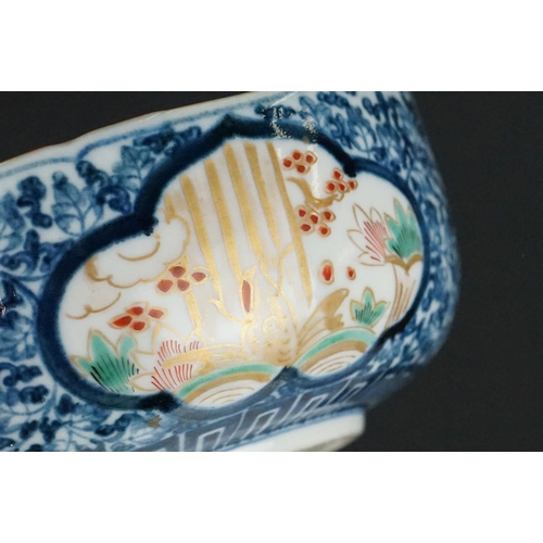 39 - 19th century Japanese Arita Ware Bowl decorated with panels of fish within a river, four character m... 