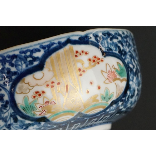 39 - 19th century Japanese Arita Ware Bowl decorated with panels of fish within a river, four character m... 