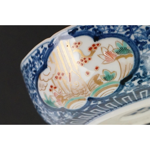 39 - 19th century Japanese Arita Ware Bowl decorated with panels of fish within a river, four character m... 