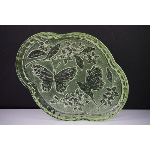 42 - Art Deco Sowerby Green Uranium Glass ' Butterfly ' Dressing Table Set comprising tray, two candlesti... 