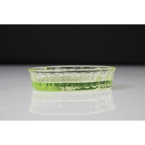 42 - Art Deco Sowerby Green Uranium Glass ' Butterfly ' Dressing Table Set comprising tray, two candlesti... 
