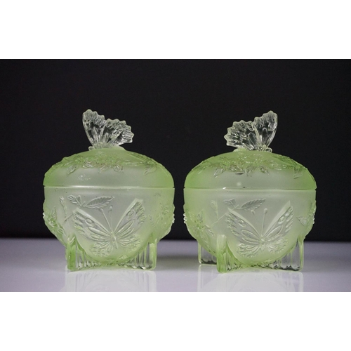 42 - Art Deco Sowerby Green Uranium Glass ' Butterfly ' Dressing Table Set comprising tray, two candlesti... 