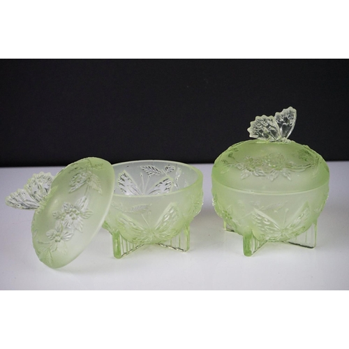42 - Art Deco Sowerby Green Uranium Glass ' Butterfly ' Dressing Table Set comprising tray, two candlesti... 