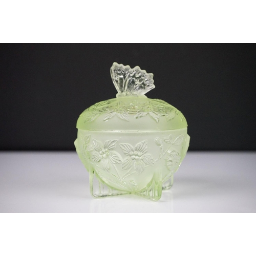 42 - Art Deco Sowerby Green Uranium Glass ' Butterfly ' Dressing Table Set comprising tray, two candlesti... 