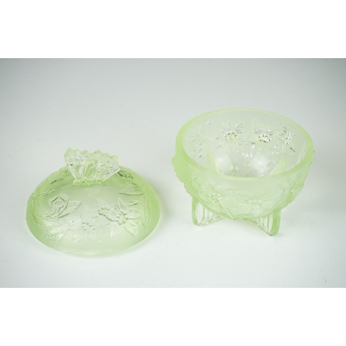 42 - Art Deco Sowerby Green Uranium Glass ' Butterfly ' Dressing Table Set comprising tray, two candlesti... 