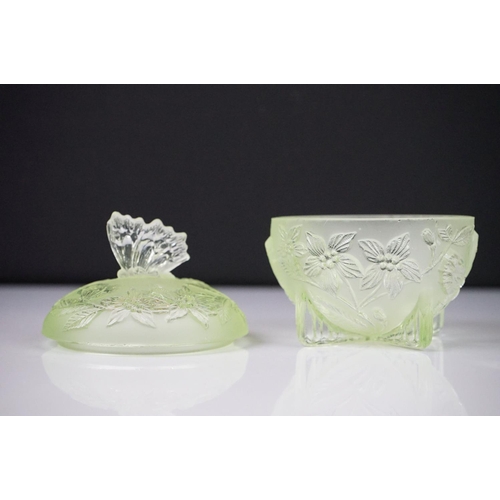 42 - Art Deco Sowerby Green Uranium Glass ' Butterfly ' Dressing Table Set comprising tray, two candlesti... 