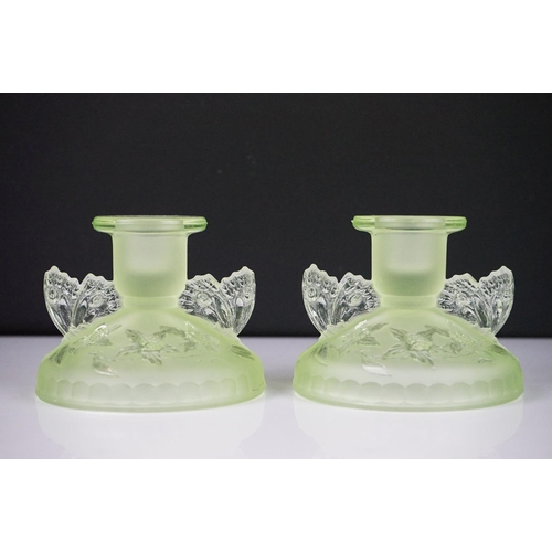 42 - Art Deco Sowerby Green Uranium Glass ' Butterfly ' Dressing Table Set comprising tray, two candlesti... 