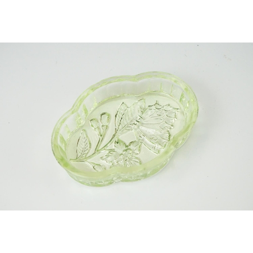 42 - Art Deco Sowerby Green Uranium Glass ' Butterfly ' Dressing Table Set comprising tray, two candlesti... 