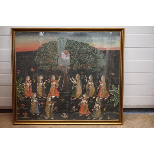 83 - Large Indian Painting on Fabric depicting dancing ladies worshiping the image of a Hindu Deity in a ... 