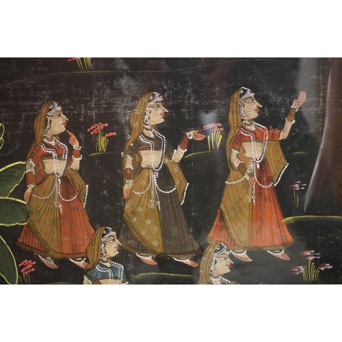 83 - Large Indian Painting on Fabric depicting dancing ladies worshiping the image of a Hindu Deity in a ... 