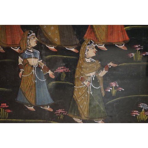 83 - Large Indian Painting on Fabric depicting dancing ladies worshiping the image of a Hindu Deity in a ... 