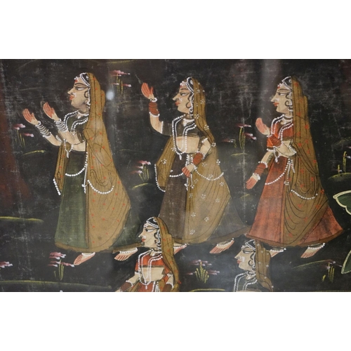 83 - Large Indian Painting on Fabric depicting dancing ladies worshiping the image of a Hindu Deity in a ... 