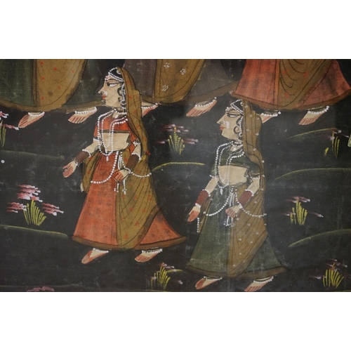 83 - Large Indian Painting on Fabric depicting dancing ladies worshiping the image of a Hindu Deity in a ... 