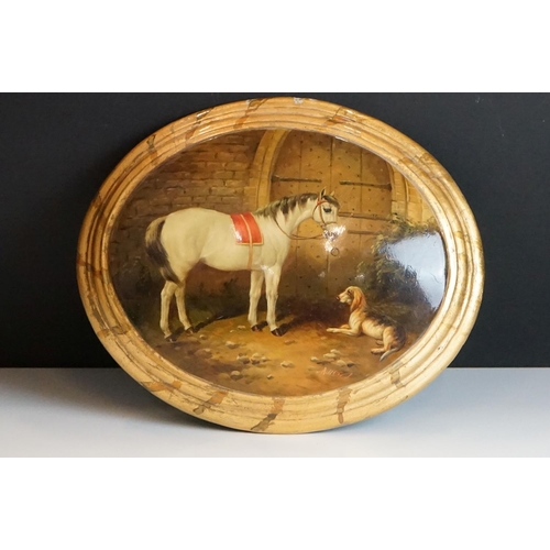 88 - Lacquered Domed Oval Plaque decorated with a Horse and a Dog outside of gates, signed, 32cm long