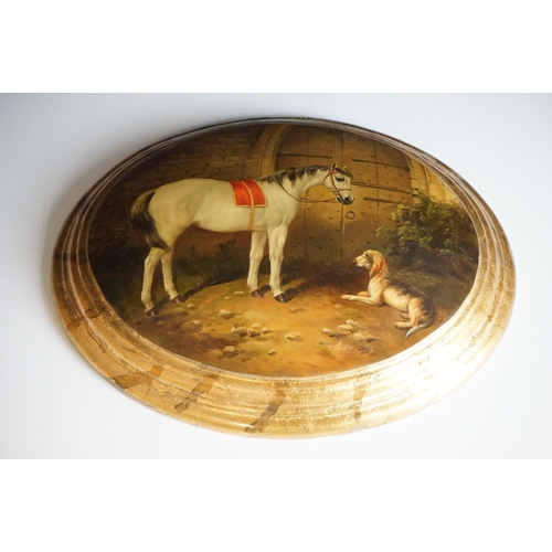 88 - Lacquered Domed Oval Plaque decorated with a Horse and a Dog outside of gates, signed, 32cm long