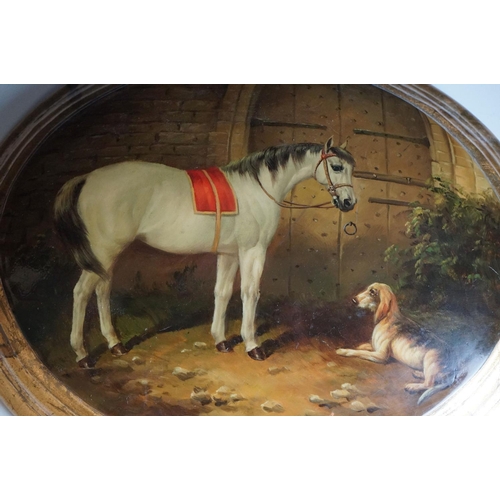 88 - Lacquered Domed Oval Plaque decorated with a Horse and a Dog outside of gates, signed, 32cm long