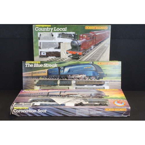 46 - Three boxed Hornby OO gauge train sets to include R671 Country Local, R682 The Blue Streak and R836 ... 