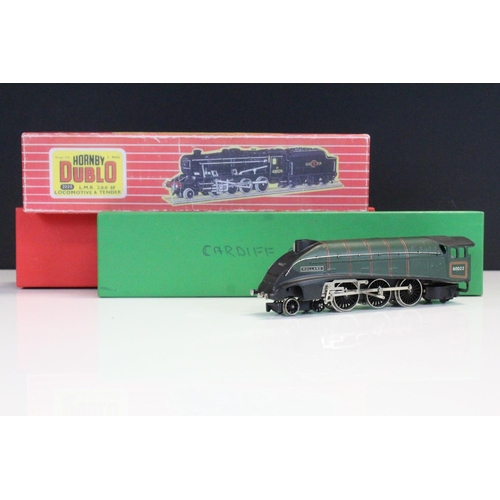 107 - Four Hornby Dublo locomotives to include 2225 LMR 2-8-0 8F in reproduction box, Cardiff Castle, Mall... 