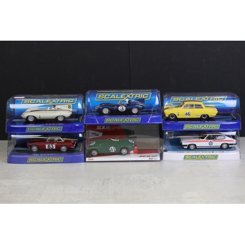 1364 - Six cased slot cars to include 5 x Scalextric (C3205 Jaguar D Type, C3502 Ford Cortina MK1, C3143 MG... 