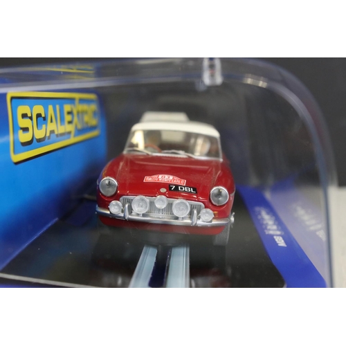 1364 - Six cased slot cars to include 5 x Scalextric (C3205 Jaguar D Type, C3502 Ford Cortina MK1, C3143 MG... 