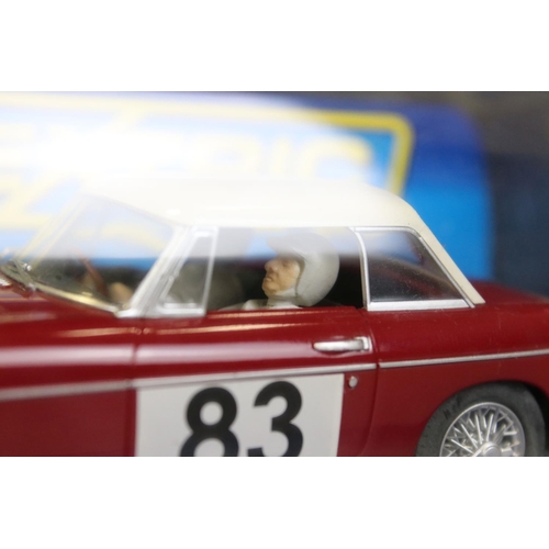 1364 - Six cased slot cars to include 5 x Scalextric (C3205 Jaguar D Type, C3502 Ford Cortina MK1, C3143 MG... 