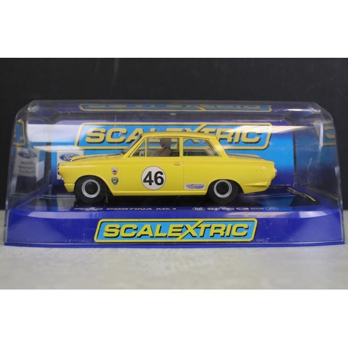 1364 - Six cased slot cars to include 5 x Scalextric (C3205 Jaguar D Type, C3502 Ford Cortina MK1, C3143 MG... 