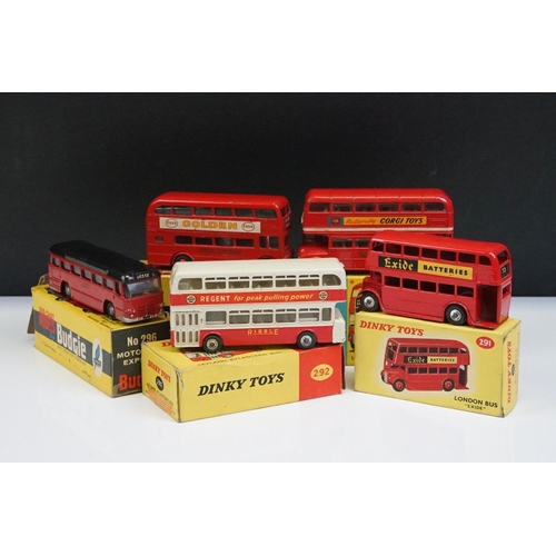 Five boxed diecast model buses to include Corgi 468 London Transport Routemaster Bus 2 x Dinky 291