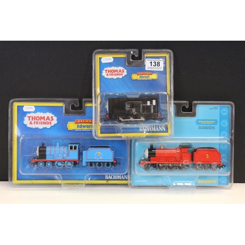 138 - Three boxed/carded Bachmann OO gauge Thomas & Friends locomotives to include 58743 James, 58802 Delu... 