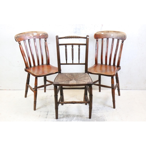 563 - Pair of 19th century Lathe Back Elm Seated Kitchen Chairs together with Sussex style Chair with rush... 