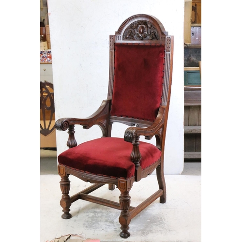 564 - Large 19th century Carved Oak ' Throne ' Elbow Chair, the arched top with carved cresting and carved... 