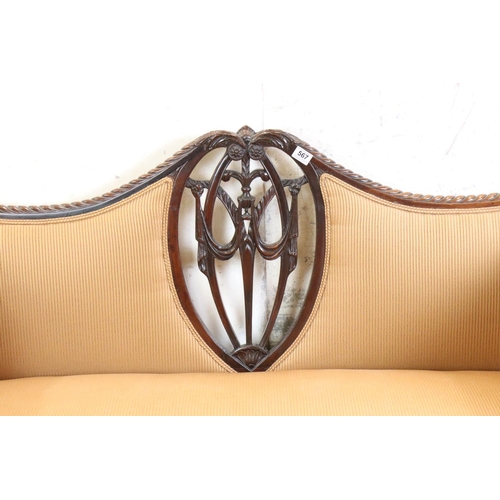 567 - Empire style Mahogany Framed Three Piece Suite comprising a scroll arm settee with carved top rail, ... 