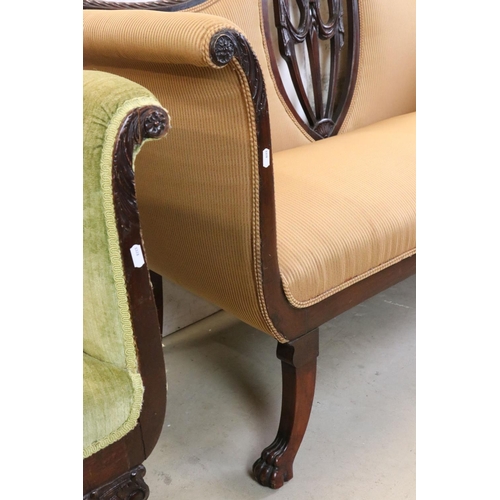 567 - Empire style Mahogany Framed Three Piece Suite comprising a scroll arm settee with carved top rail, ... 