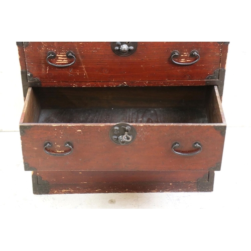 571 - Oriental Red Stained Campaign style Chest of Three Drawers with metal mounts and carrying handles, w... 