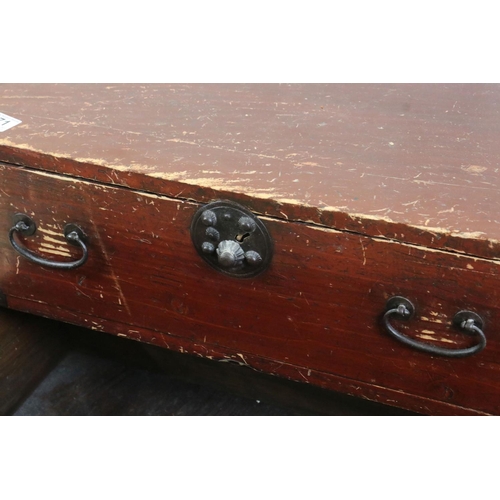 571 - Oriental Red Stained Campaign style Chest of Three Drawers with metal mounts and carrying handles, w... 