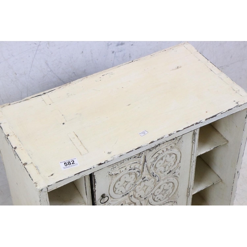 582 - Carved Oak Cabinet with Cupboard Drawers and Pigeon Holes, 56cm wide x 64cm high