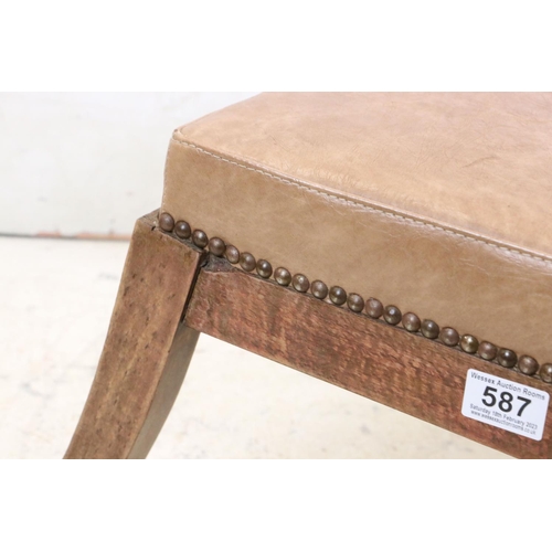 587 - French Square Footstool with Tan Leather effect Seat, 66cm wide x 33cm high