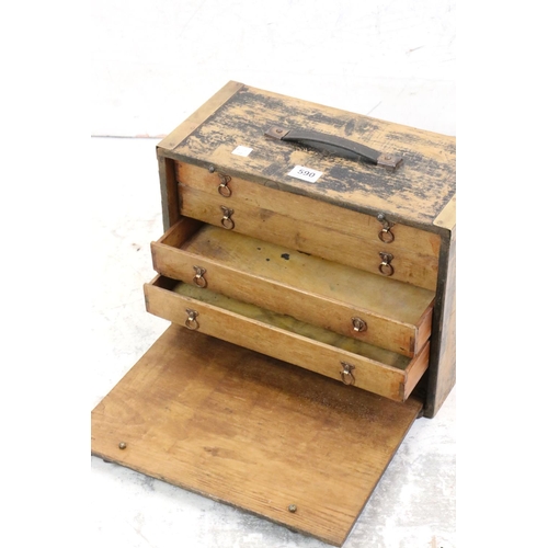 590 - Pine Travelling Tool Chest with drop down front containing four drawers, 41cm wide x 31cm high