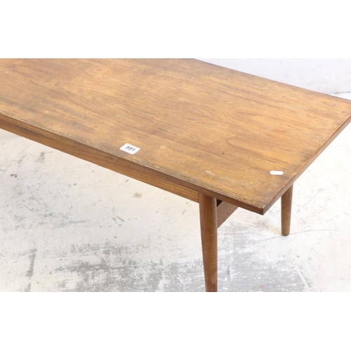 591 - Mid century Retro Teak Long Rectangular Coffee Table raised on turned legs, 122cm long x 41cm high