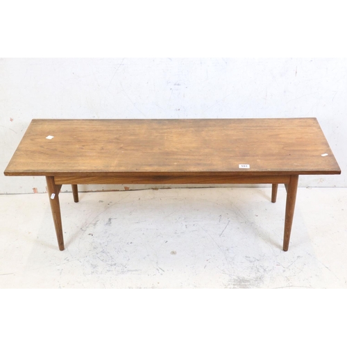 591 - Mid century Retro Teak Long Rectangular Coffee Table raised on turned legs, 122cm long x 41cm high