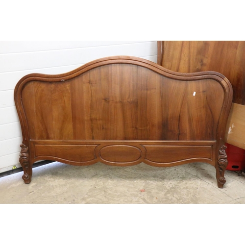 602 - French Walnut Carved Double Bed Frame, the shaped headboard centred with carved foliate scrolling