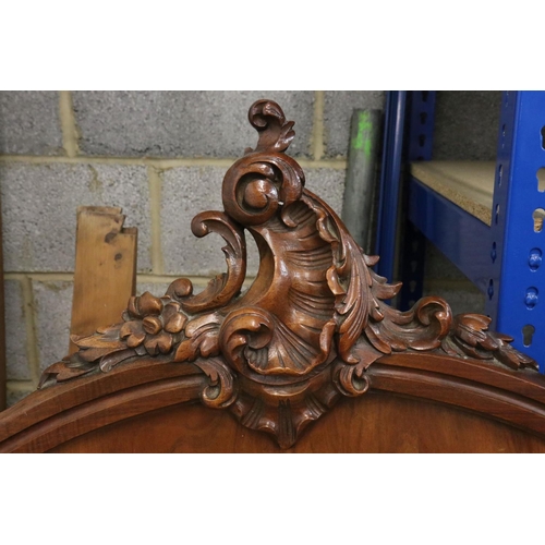 602 - French Walnut Carved Double Bed Frame, the shaped headboard centred with carved foliate scrolling