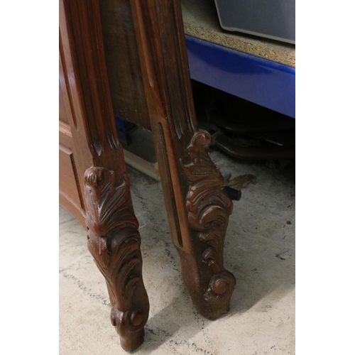 602 - French Walnut Carved Double Bed Frame, the shaped headboard centred with carved foliate scrolling