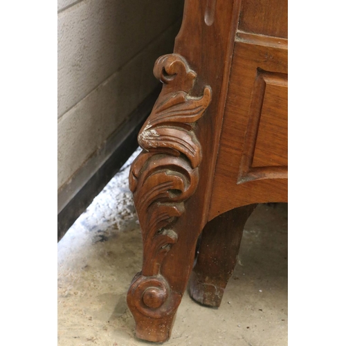 602 - French Walnut Carved Double Bed Frame, the shaped headboard centred with carved foliate scrolling